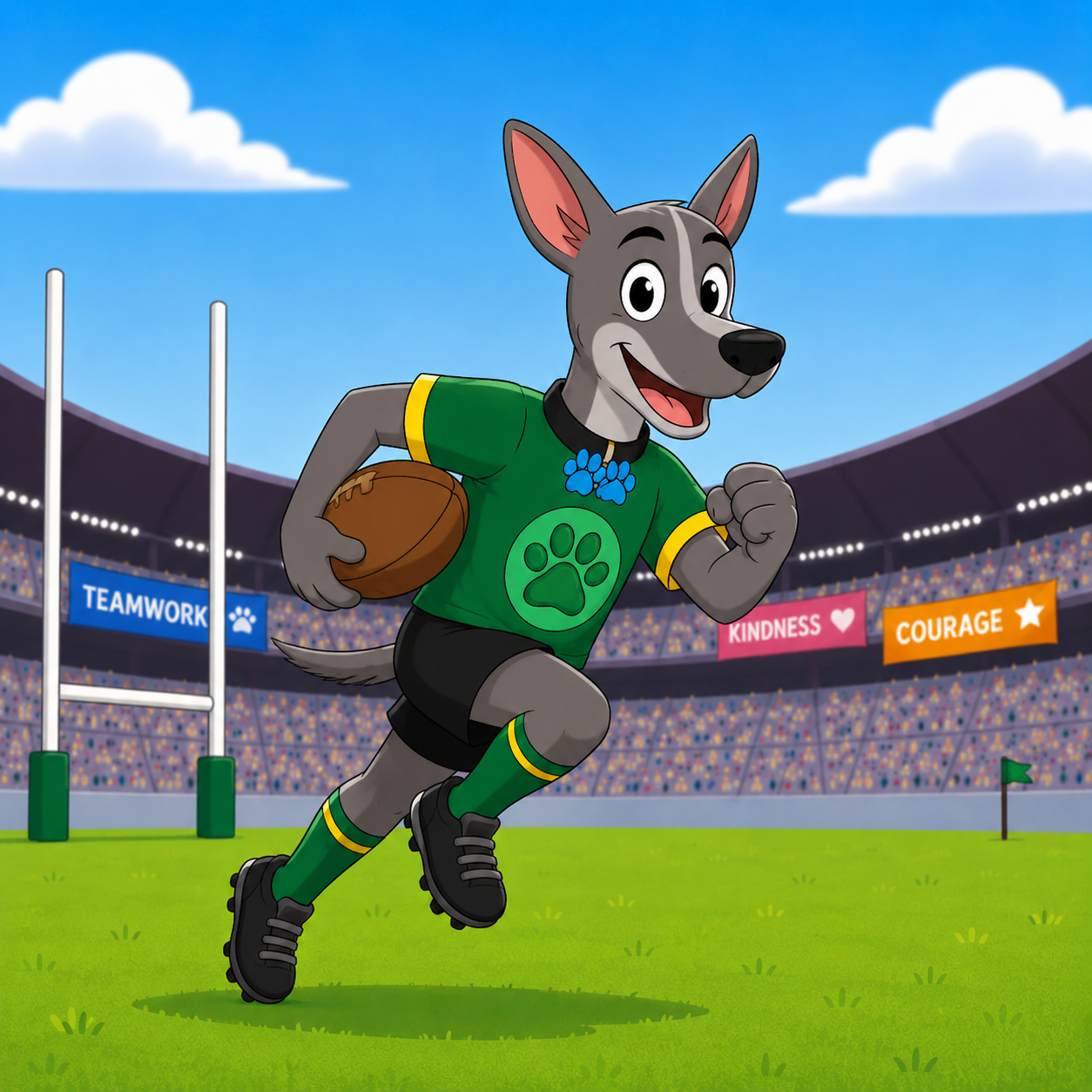 Rugger Pups grey pup running with a ball