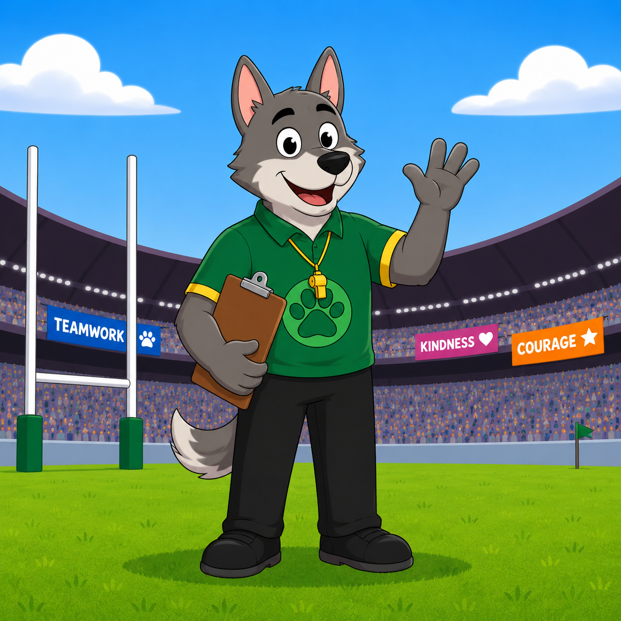 Rugger Pups coach wolf with a clipboard