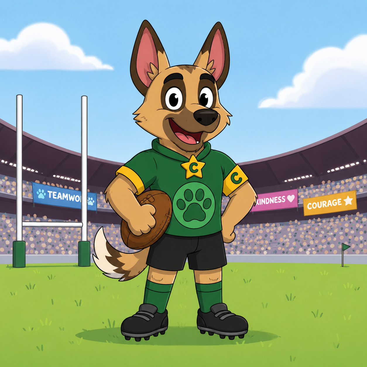 Rugger Pups captain mascot holding a rugby ball